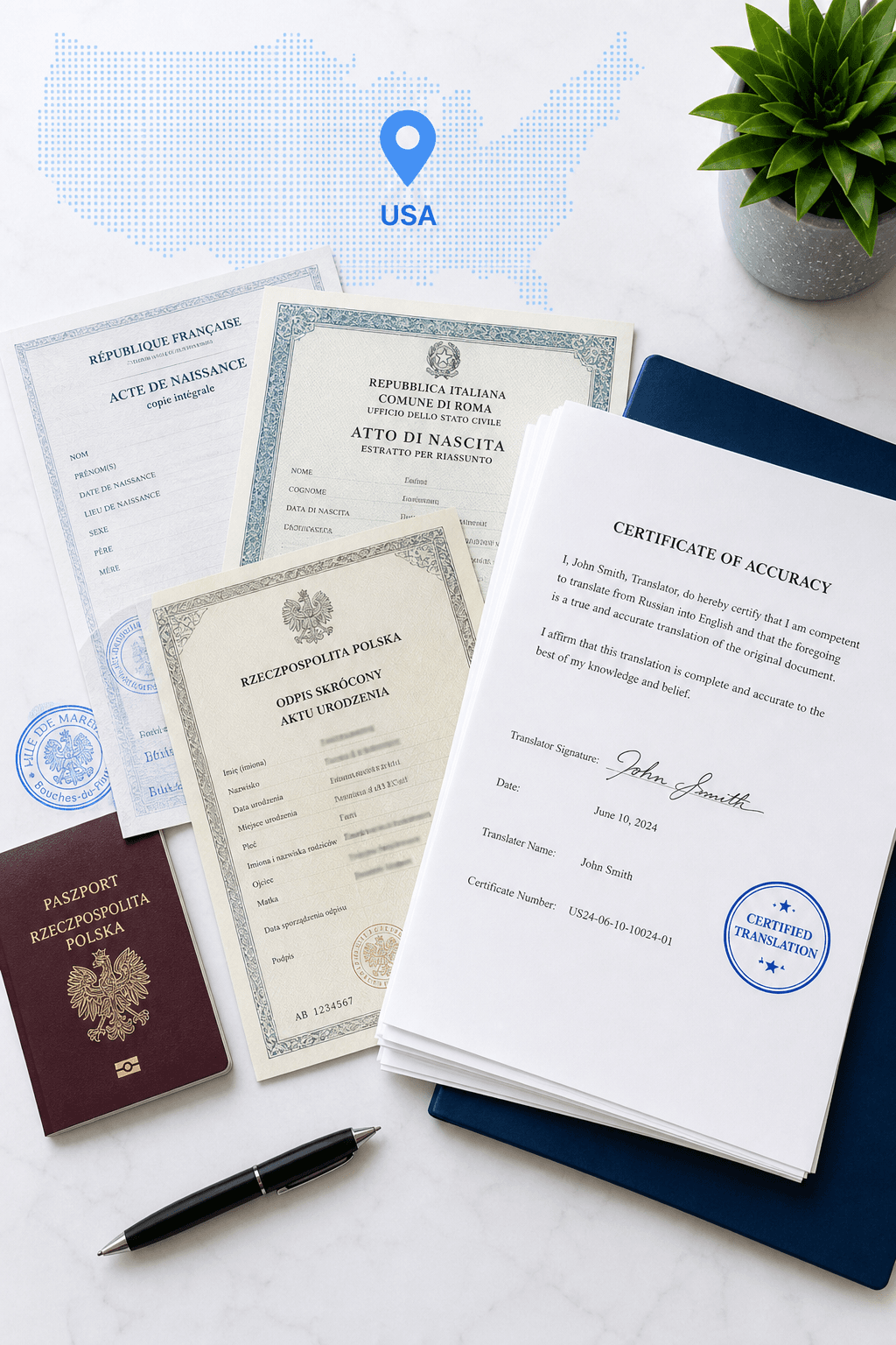 International documents, Certificate of Accuracy and Certified Translation seal for USA